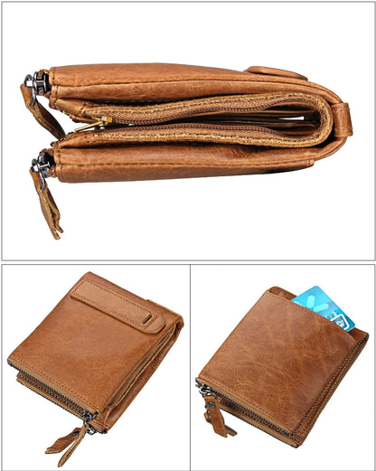 Crazy Horse Cowhide Men's Wallet RFID Anti-theft Brush Cowhide Short Men's Ticket Clip Wallet Double Zipper Coin Purse