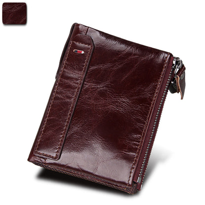 Crazy Horse Cowhide Men's Wallet RFID Anti-theft Brush Cowhide Short Men's Ticket Clip Wallet Double Zipper Coin Purse