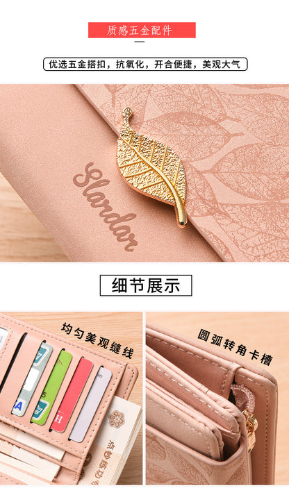 Amazon Cross-border Wallet Wholesale European and American Retro Frosted Leaf Buckle Long Clutch Large Capacity