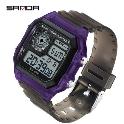 Sanda Hot-selling Square Watch Luminous Waterproof Alarm Student Watch Simple Korean Transparent Sports Electronic Watch