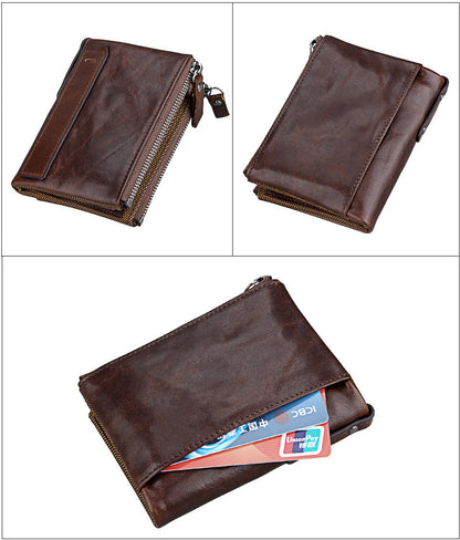 Crazy Horse Cowhide Men's Wallet RFID Anti-theft Brush Cowhide Short Men's Ticket Clip Wallet Double Zipper Coin Purse