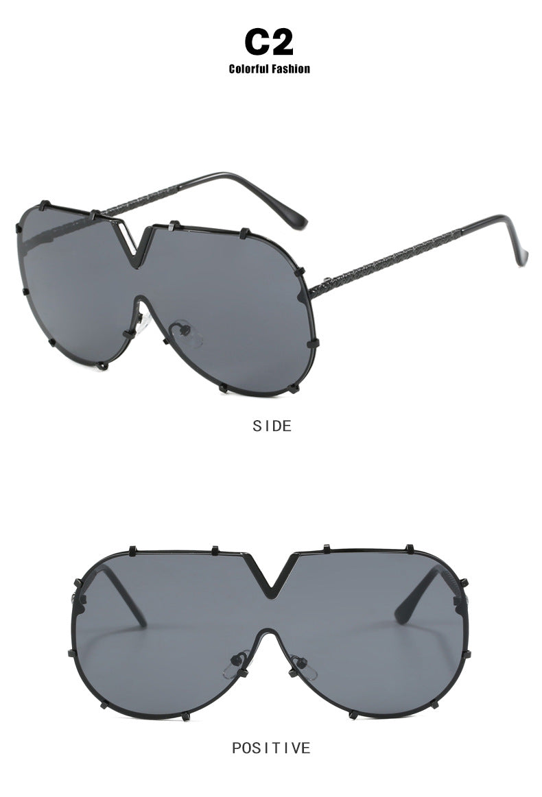 Fashion Metal One-Piece Sunglasses 2024 New Cross-Border European and American V Large Frame Sunglasses Ins Internet Celebrity Sunglasses