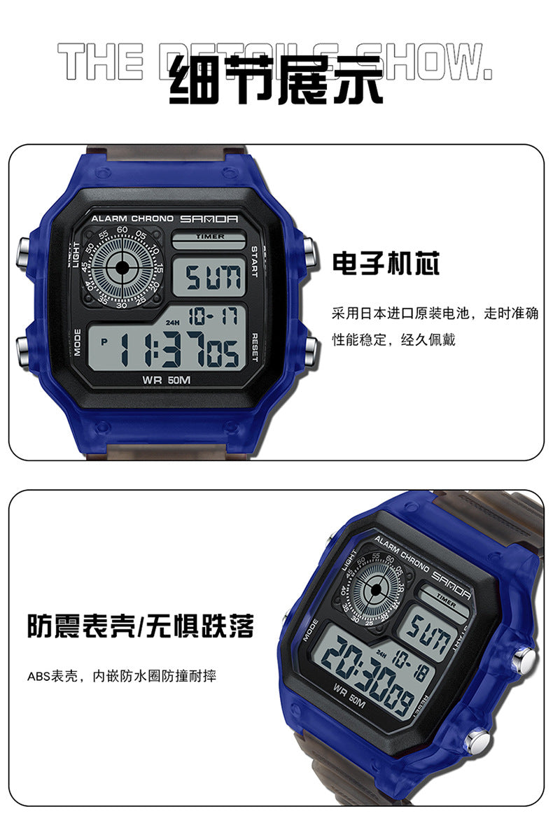 Sanda Hot-selling Square Watch Luminous Waterproof Alarm Student Watch Simple Korean Transparent Sports Electronic Watch