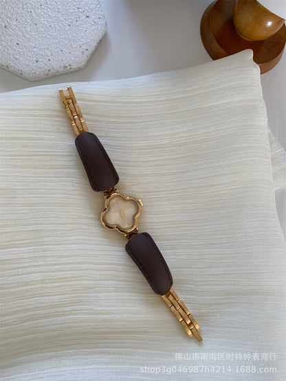 IEKE Fashion Light Luxury Four-leaf Clover Small Chanel Style Leather Bracelet Watch Women's Wristwatch High-end Light Luxury Internet Celebrity Hair