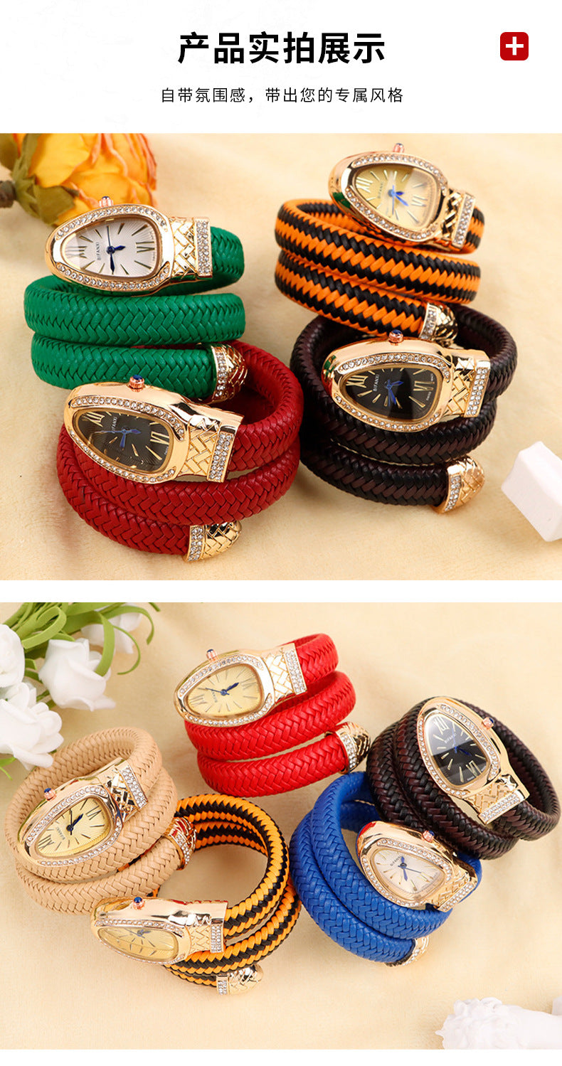 New Cross-Border Snake-Shaped Watch, Fashionable and Creative Personalized Quartz Watch for Women, Diamond-Encrusted Leather Strap Bracelet, Fashionable Watch