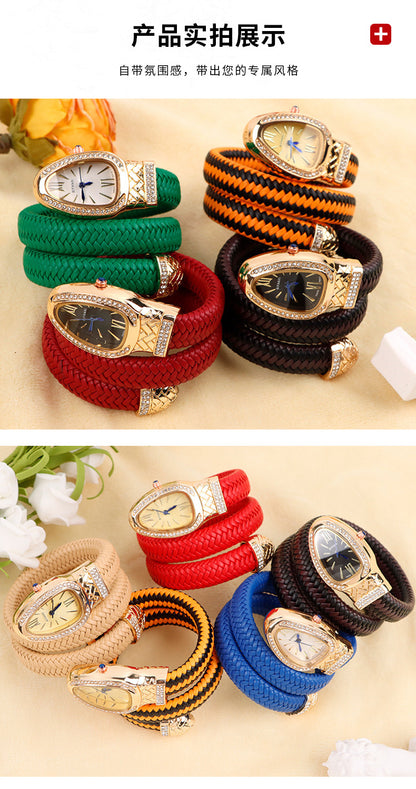 New Cross-Border Snake-Shaped Watch, Fashionable and Creative Personalized Quartz Watch for Women, Diamond-Encrusted Leather Strap Bracelet, Fashionable Watch