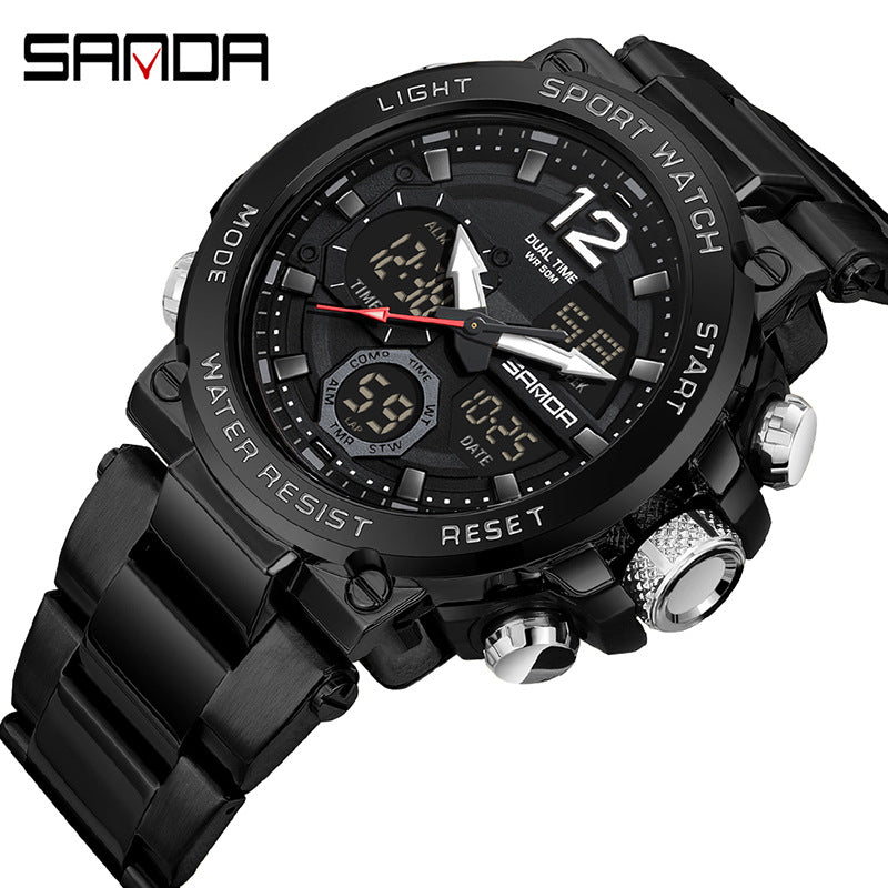 Sanda foreign trade best selling electronic watch fashion business steel band luminous wrist watch multi-functional dual display men's watch wholesale