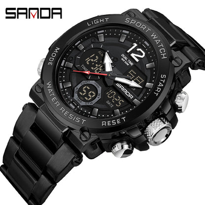 Sanda foreign trade best selling electronic watch fashion business steel band luminous wrist watch multi-functional dual display men's watch wholesale