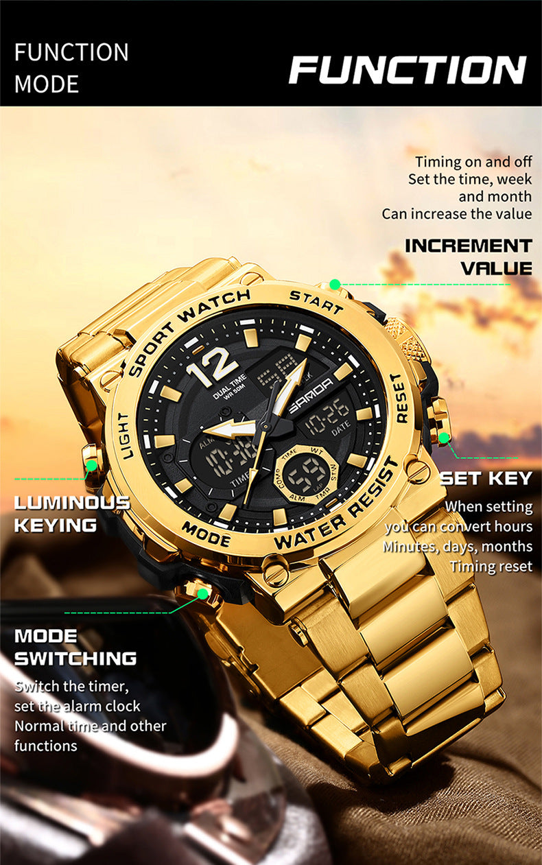 Sanda foreign trade best selling electronic watch fashion business steel band luminous wrist watch multi-functional dual display men's watch wholesale