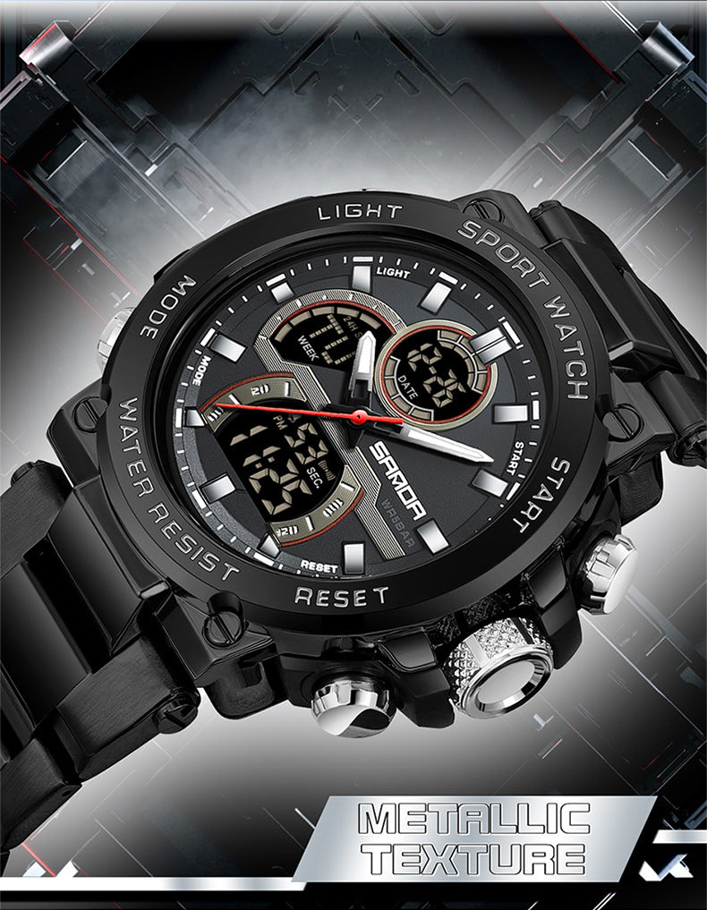 Sanda foreign trade best selling electronic watch fashion business steel band luminous wrist watch multi-functional dual display men's watch wholesale