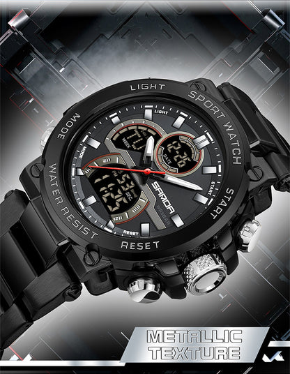 Sanda foreign trade best selling electronic watch fashion business steel band luminous wrist watch multi-functional dual display men's watch wholesale