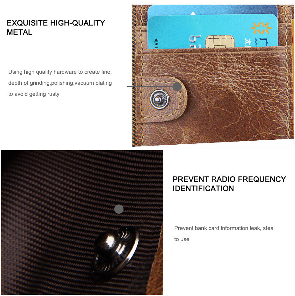 Crazy Horse Cowhide Men's Wallet RFID Anti-theft Brush Cowhide Short Men's Ticket Clip Wallet Double Zipper Coin Purse