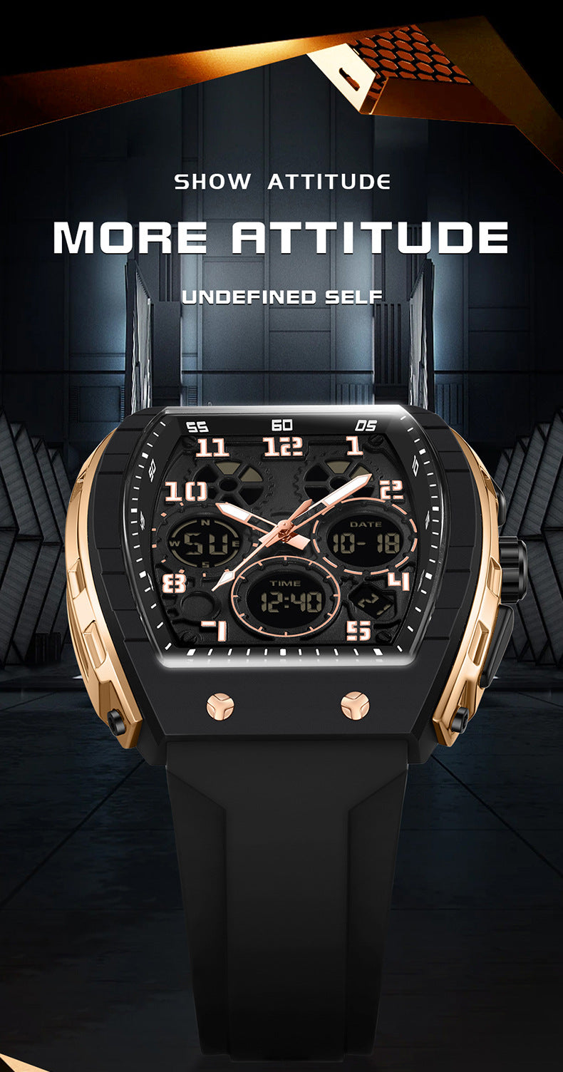 Ofns Fashion Watch Sports Waterproof Watch Barrel-Shaped Multi-Function Luminous Dual-Time Student Digital Watch