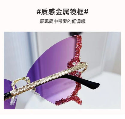Cross-border New Butterfly Shape Diamond Rimless Sunglasses Women's Fashion Personality Exaggerated Sunglasses European and American Internet Red Broken Diamond
