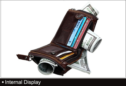 Crazy Horse Cowhide Men's Wallet RFID Anti-theft Brush Cowhide Short Men's Ticket Clip Wallet Double Zipper Coin Purse