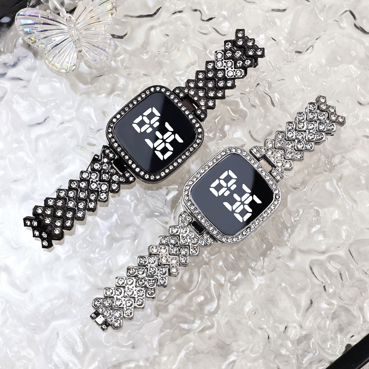 Cross-border Foreign Trade Diamond-encrusted Women's Small Fragrant Style Metal Steel Band LED Watch Fashion Touch Casual Electronic Watch