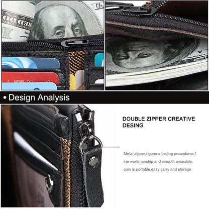 Crazy Horse Cowhide Men's Wallet RFID Anti-theft Brush Cowhide Short Men's Ticket Clip Wallet Double Zipper Coin Purse