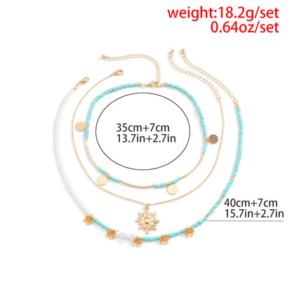 All-match Rice Bead Sequins Tassel Sunflower Pendant Retro Clavicle Necklace European and American Hip Hop Imitation Pearl Niche Necklace