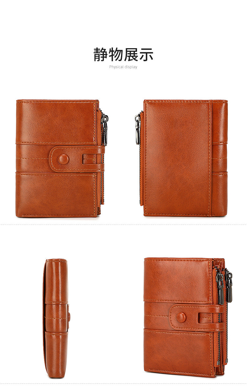Cross-Border 2025Rfid Anti-Theft Wallet Retro Oil Wax Leather Double Zipper Coin Purse European and American Fashion Short Wallet