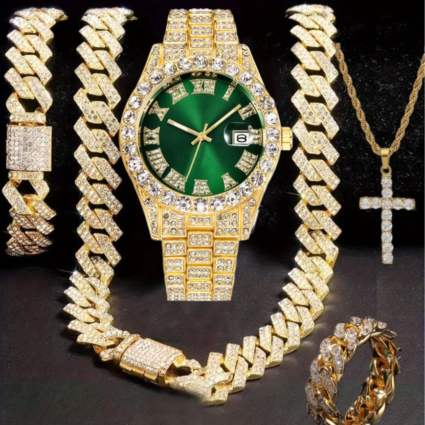 Hiphop Hip Hop Diamond Watch Five-Piece Diamond Cuban Chain Cross Necklace Cuban Ring Cross Border Wholesale