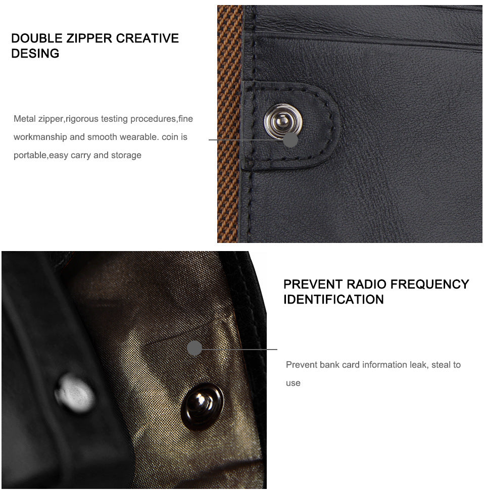 Crazy Horse Cowhide Men's Wallet RFID Anti-theft Brush Cowhide Short Men's Ticket Clip Wallet Double Zipper Coin Purse