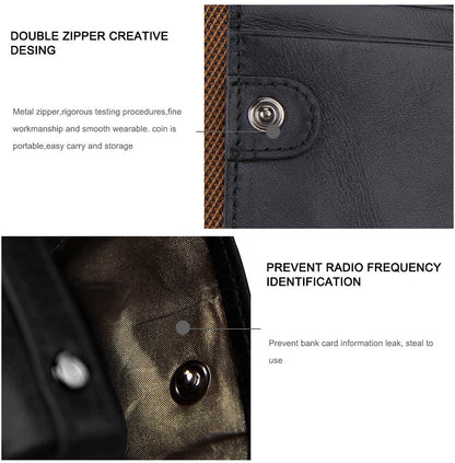 Crazy Horse Cowhide Men's Wallet RFID Anti-theft Brush Cowhide Short Men's Ticket Clip Wallet Double Zipper Coin Purse
