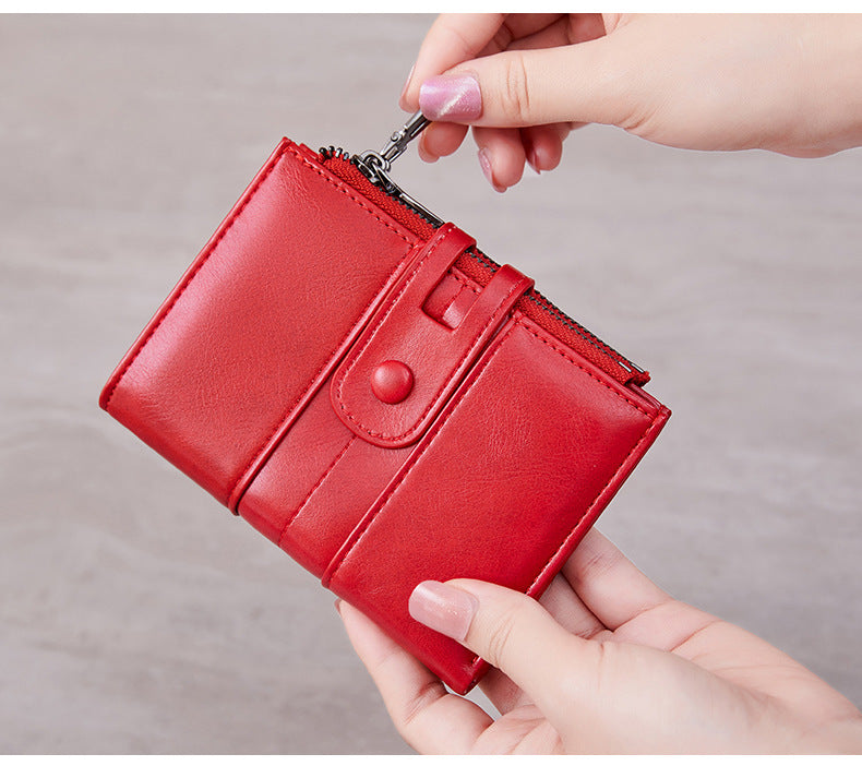 Cross-Border 2025Rfid Anti-Theft Wallet Retro Oil Wax Leather Double Zipper Coin Purse European and American Fashion Short Wallet