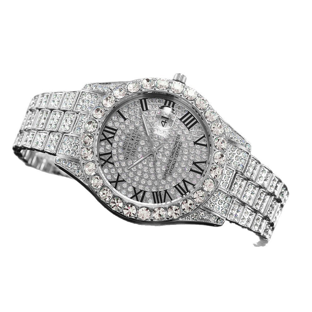 [Bross-Border Hot Item] 16-Piece Set of Various Diamond-Encrusted Watches, Diamond-Shaped Cuban Bracelets and Necklaces, Three-Piece Set