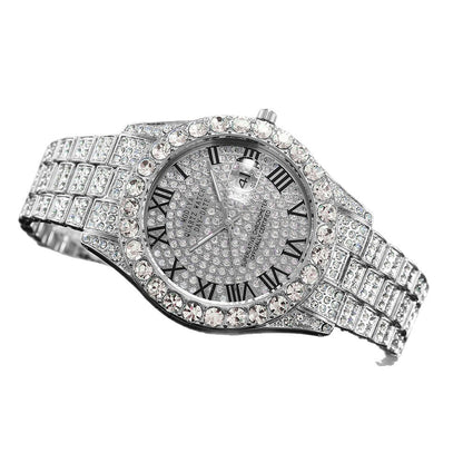 [Bross-Border Hot Item] 16-Piece Set of Various Diamond-Encrusted Watches, Diamond-Shaped Cuban Bracelets and Necklaces, Three-Piece Set