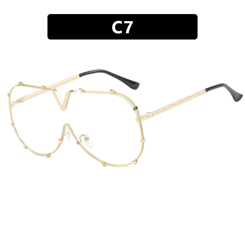 Fashion Metal One-Piece Sunglasses 2024 New Cross-Border European and American V Large Frame Sunglasses Ins Internet Celebrity Sunglasses