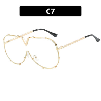 Fashion Metal One-Piece Sunglasses 2024 New Cross-Border European and American V Large Frame Sunglasses Ins Internet Celebrity Sunglasses