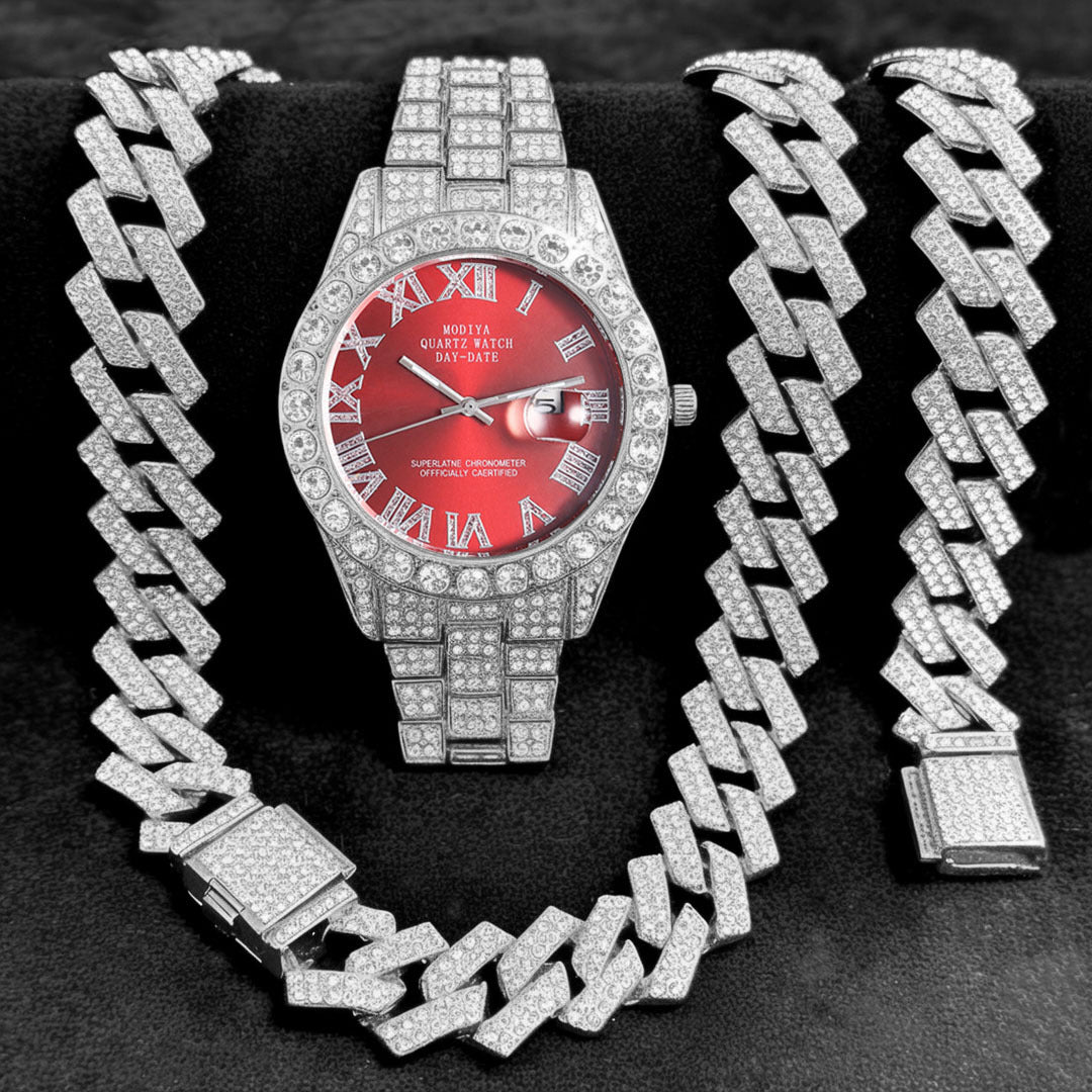 [Bross-Border Hot Item] 16-Piece Set of Various Diamond-Encrusted Watches, Diamond-Shaped Cuban Bracelets and Necklaces, Three-Piece Set