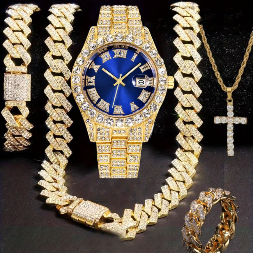 Hiphop Hip Hop Diamond Watch Five-Piece Diamond Cuban Chain Cross Necklace Cuban Ring Cross Border Wholesale