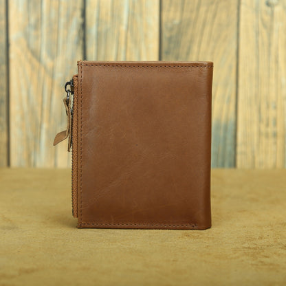 Shikangxin Vintage Genuine Leather Wallet Men's Short Wallet Multifunctional Zipper Bag Casual Oil Wax Cowhide Wallet