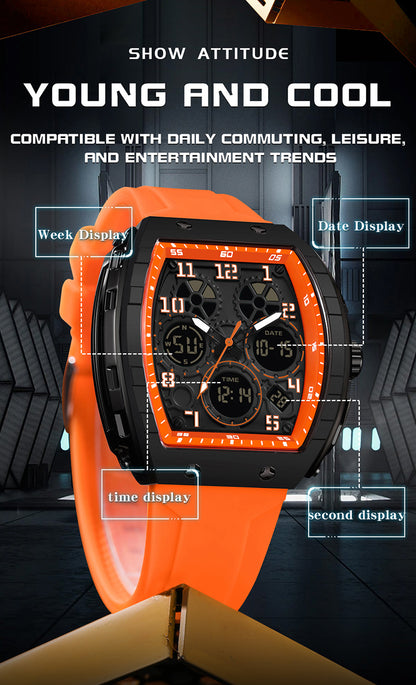 Ofns Fashion Watch Sports Waterproof Watch Barrel-Shaped Multi-Function Luminous Dual-Time Student Digital Watch