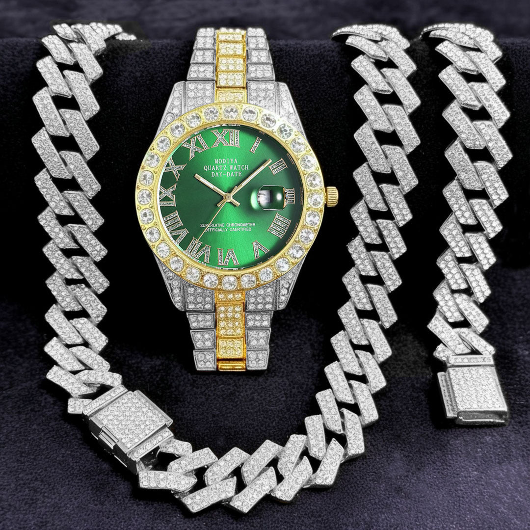 [Bross-Border Hot Item] 16-Piece Set of Various Diamond-Encrusted Watches, Diamond-Shaped Cuban Bracelets and Necklaces, Three-Piece Set