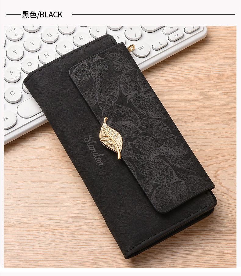 Amazon Cross-border Wallet Wholesale European and American Retro Frosted Leaf Buckle Long Clutch Large Capacity