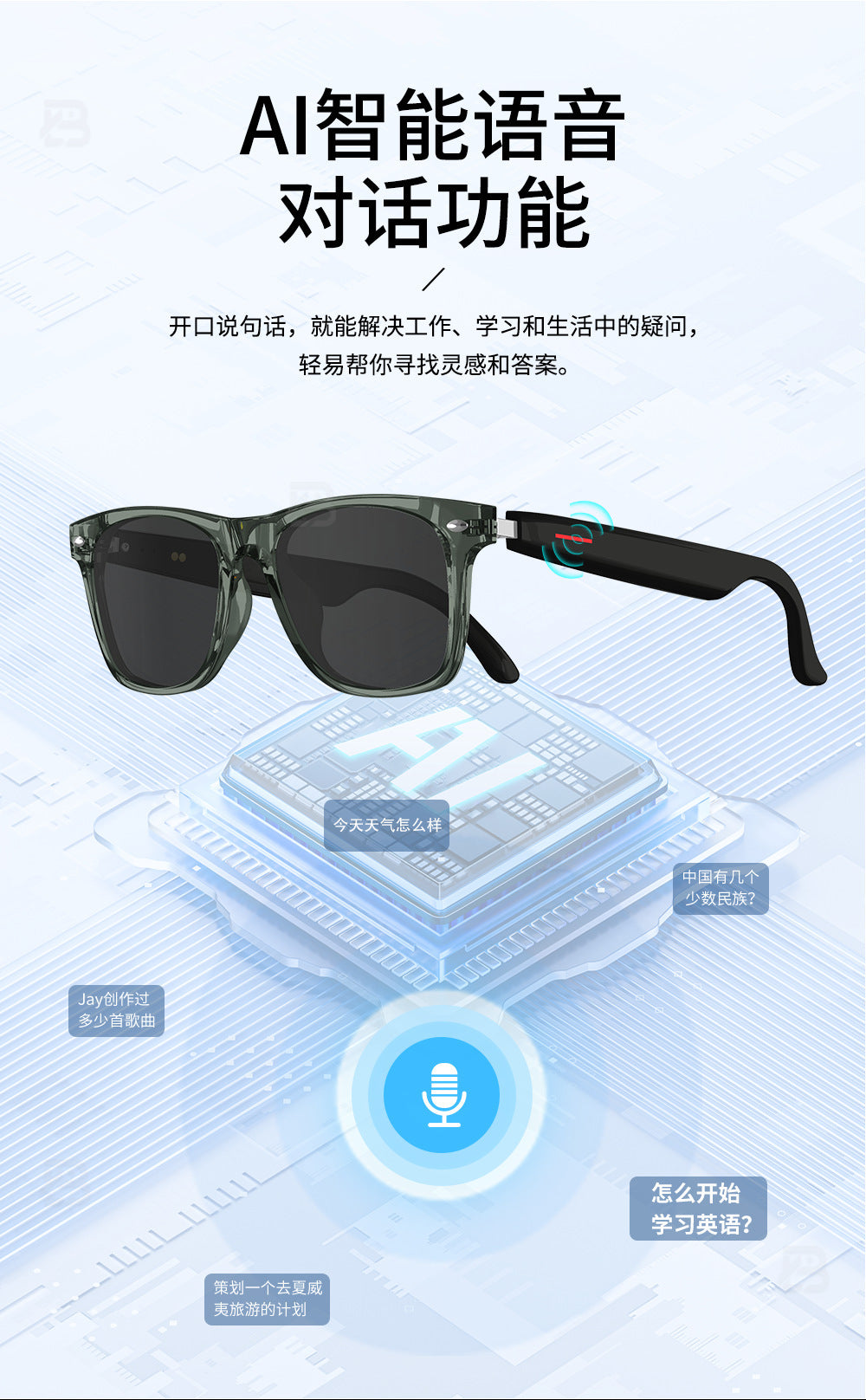 Smart Ai Bluetooth Translation Glasses, Sunglasses, Polarized, Anti-Uv, Anti-Blue Light, Listening to Music and Calls, Transparent Lens Replacement