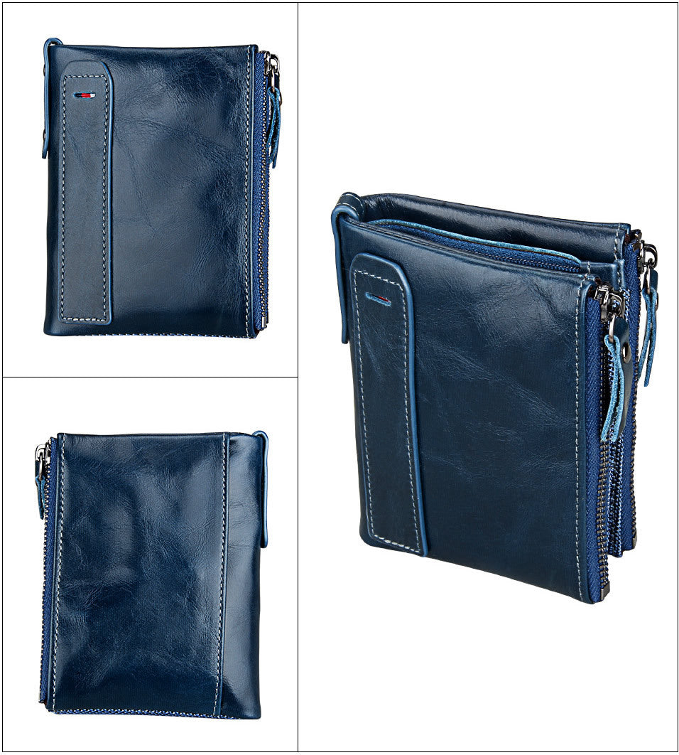 Crazy Horse Cowhide Men's Wallet RFID Anti-theft Brush Cowhide Short Men's Ticket Clip Wallet Double Zipper Coin Purse