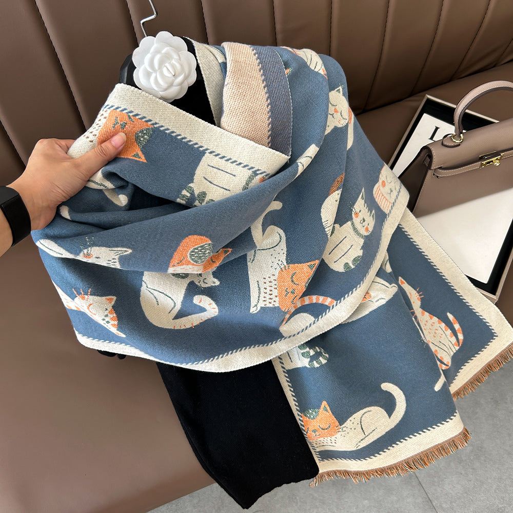 Sweet Cartoon Double-sided Cute Kitten Cashmere Scarf Women's Fashion All-match Thickened Winter Warm Neck Shawl