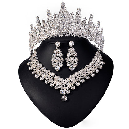 European and American Bride Jewelry Three-piece Suit High-class Dance Wedding Jewelry Alloy Diamond Crown Necklace Earrings suit