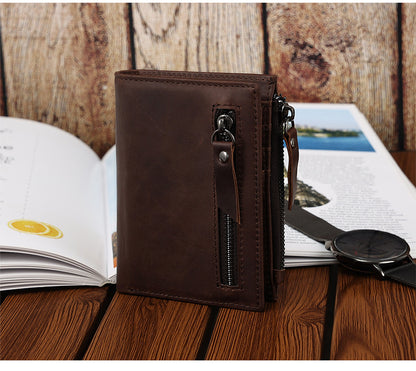 Genuine Leather Classic Retro Short Wallet Men's Bag with Tracker Leather Case Multifunctional Crazy Horse Leather Business Wallet Men