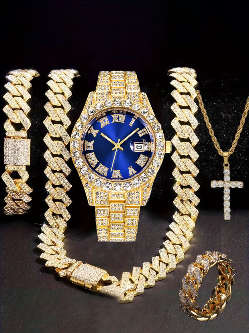 Hiphop Hip Hop Diamond Watch Five-Piece Diamond Cuban Chain Cross Necklace Cuban Ring Cross Border Wholesale