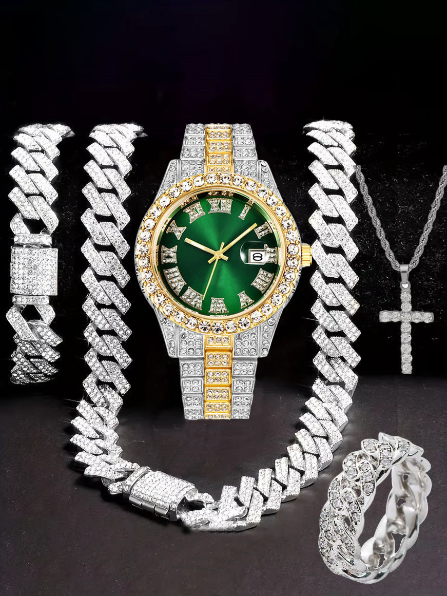 Hiphop Hip Hop Diamond Watch Five-Piece Diamond Cuban Chain Cross Necklace Cuban Ring Cross Border Wholesale