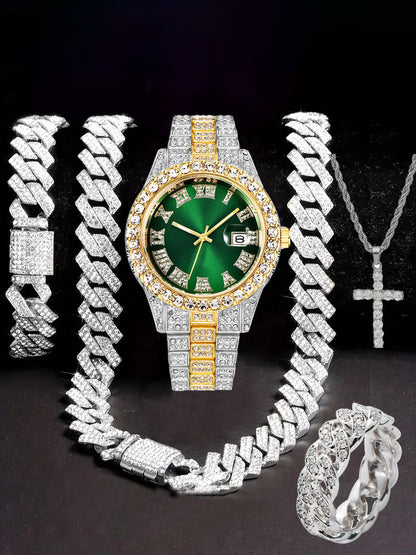 Hiphop Hip Hop Diamond Watch Five-Piece Diamond Cuban Chain Cross Necklace Cuban Ring Cross Border Wholesale
