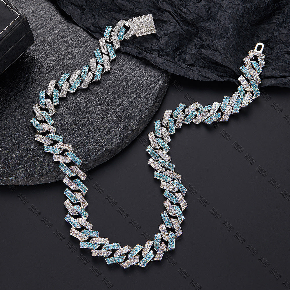 Xindi European and American Popular Men's Necklace 15mm Exaggerated Diamond Geometric Trendy Hip-Hop Jewelry Large Gold Chain Necklace
