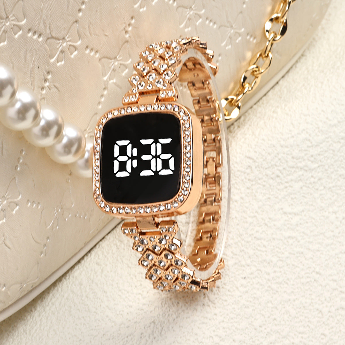 Cross-border Foreign Trade Diamond-encrusted Women's Small Fragrant Style Metal Steel Band LED Watch Fashion Touch Casual Electronic Watch