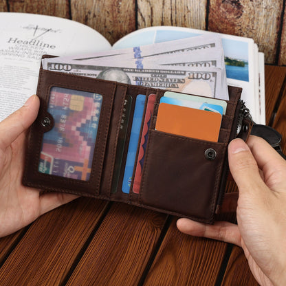 Genuine Leather Classic Retro Short Wallet Men's Bag with Tracker Leather Case Multifunctional Crazy Horse Leather Business Wallet Men