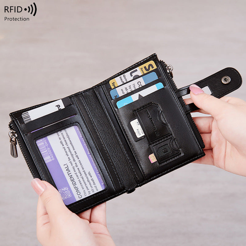 Cross-Border 2025Rfid Anti-Theft Wallet Retro Oil Wax Leather Double Zipper Coin Purse European and American Fashion Short Wallet