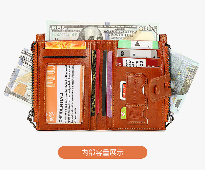 Cross-Border 2025Rfid Anti-Theft Wallet Retro Oil Wax Leather Double Zipper Coin Purse European and American Fashion Short Wallet
